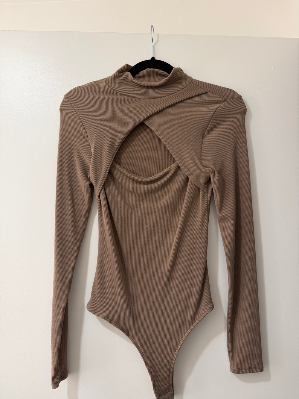 Lulu's Taupe Brown Cutout mock neck Bodysuit